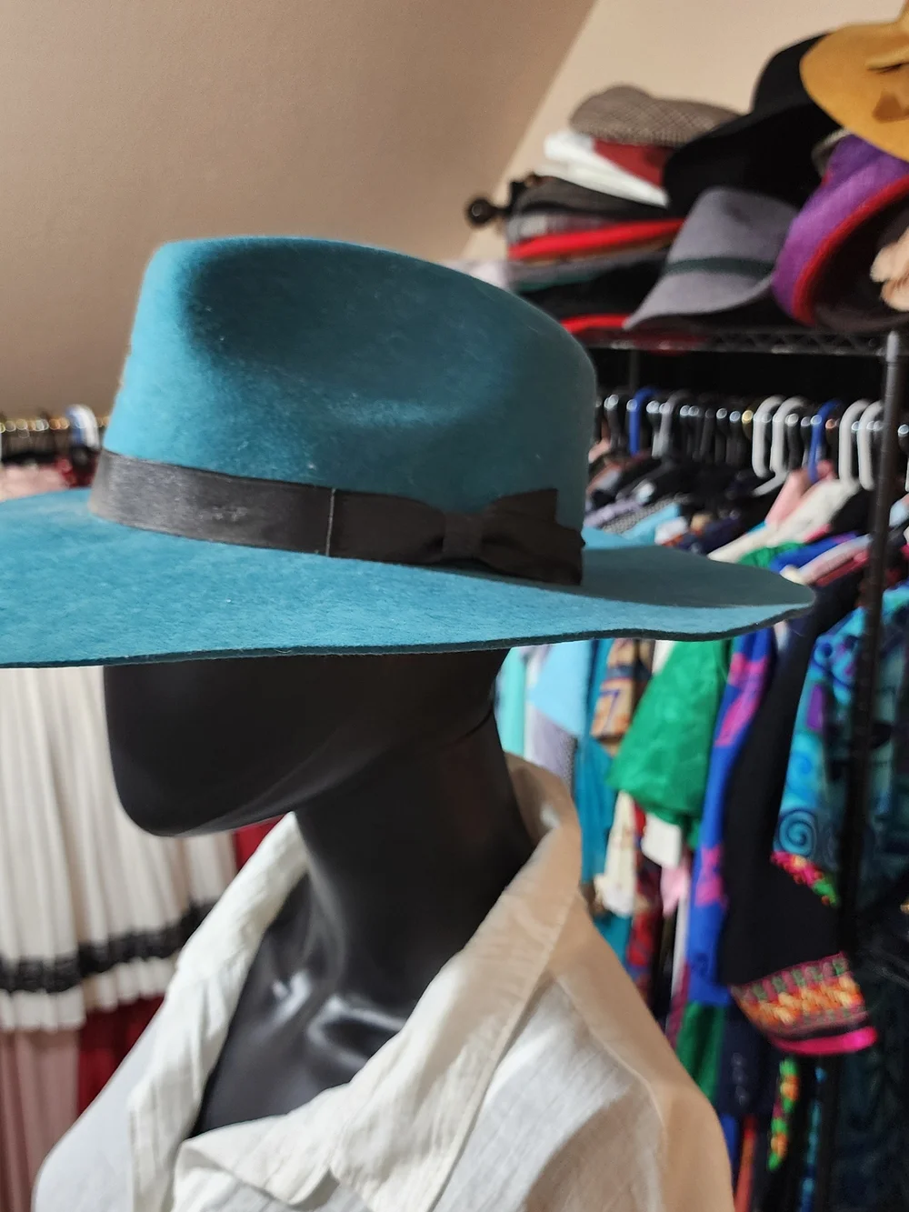 Teal Felt Wide-Brim Hat with Black Band